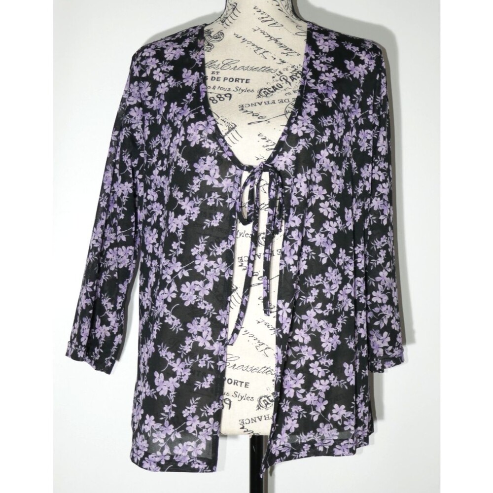 Jaclyn Smith Vintage Sheer Floral Tie-Front Blouse Black Purple Cardigan Top M